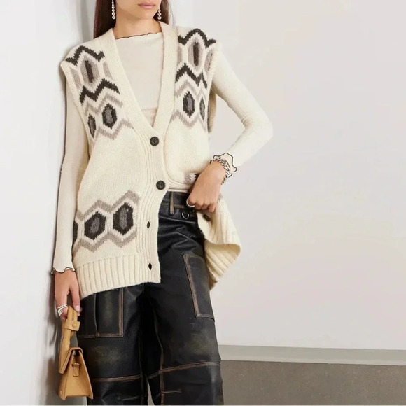 GANNI NWT Intarsia Graphic Knit Oversized Wool Vest Egret White S M $445 - Picture 2 of 14